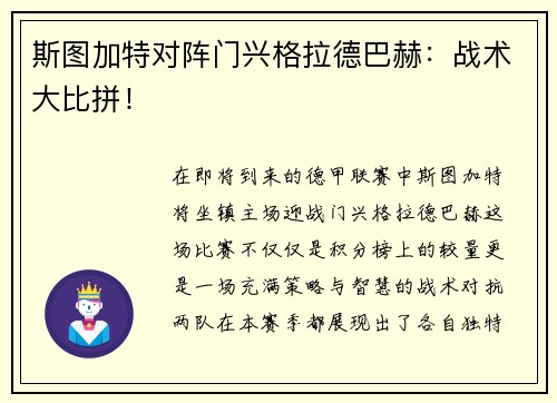 斯图加特对阵门兴格拉德巴赫：战术大比拼！