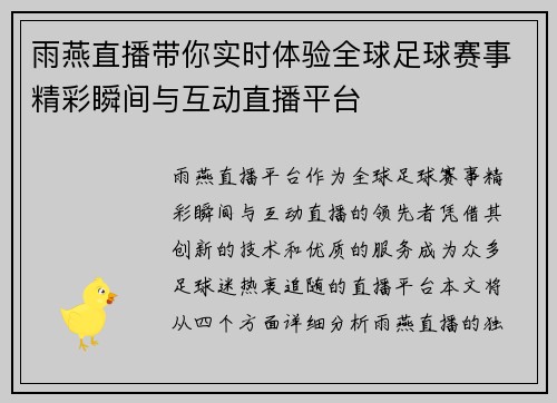 雨燕直播带你实时体验全球足球赛事精彩瞬间与互动直播平台